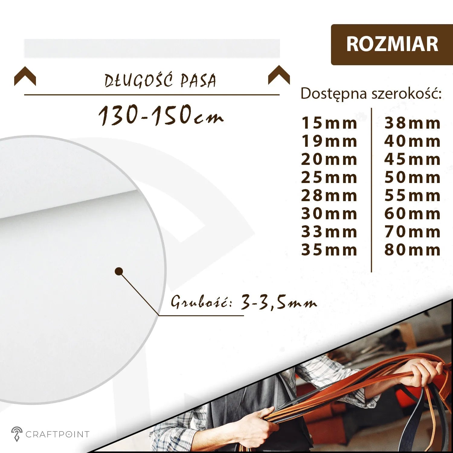 Pas ze skóry naturalnej 3,0-3,5mm, 140cm, 15-80mm - Biały – CraftPoint